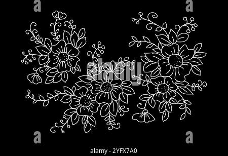 Line flowers. Art drawing floral decoration invitation. Black ink hand drawn on white background. Botanical style coloring picture. Wedding fashion Stock Vector