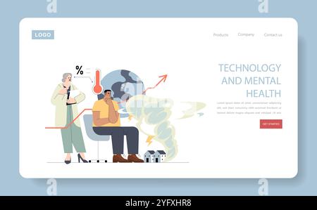 Psychology concept. An illustration depicting the impact of technology on mental health with characters and abstract elements. Reflecting modern life challenges. Vector illustration. Stock Vector