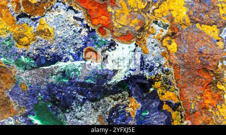 Azurite or Azure spar, malachite on limonite matrix with chrysocolla. Abstract natural mineral background photo texture Stock Photo