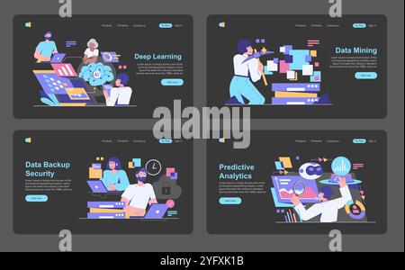 Data Science set. Conceptual graphics for deep learning, data mining, backup security, and predictive analytics. Professionals working with technology. Vector illustration. Stock Vector