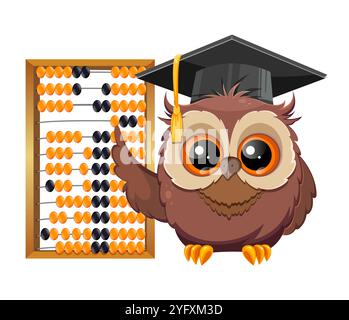 Wise owl in graduation cap standing near abacus. Back to school concept. Cute owl cartoon character. Stock vector illustration Stock Vector