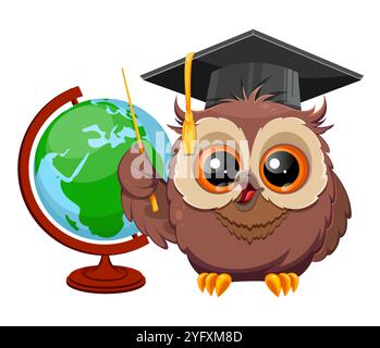 Wise owl in graduation cap standing near globe. Back to school greeting card. Cute owl cartoon character. Stock vector illustration Stock Vector