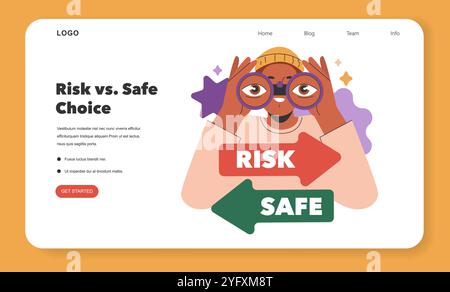 Decision making concept. Person weighing options between risk and safety with magnifying glass. Choices in business and life strategy. Vector illustration. Stock Vector