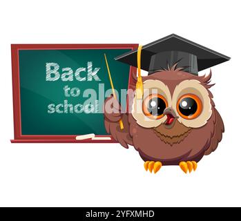 Wise owl in graduation cap standing near blackboard. Back to school. Cute owl cartoon character. Stock vector illustration Stock Vector