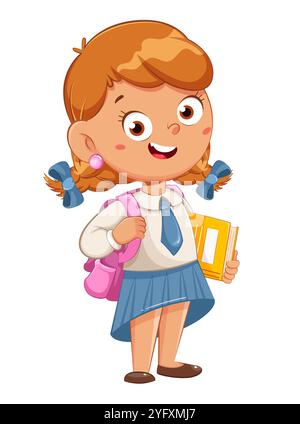 Cute schoolgirl with backpack. Cheerful girl cartoon character going to class. September 1. Back to school concept. Stock vector illustration Stock Vector