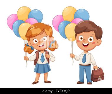 Cute schoolgirl and schoolboy with balloons. Cute girl and boy cartoon characters. September 1. Back to school concept. Stock vector illustration on w Stock Vector