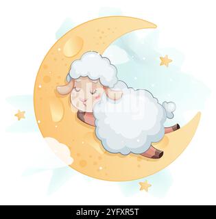 Eid al Adha Mubarak. Cheerful ram cartoon character sleeping on the Moon. Traditional Muslim holiday. Stock vector illustration Stock Vector