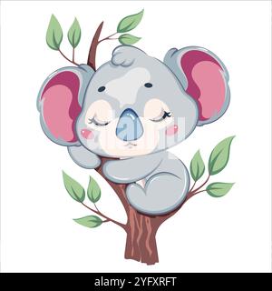 Cute koala sleeping on the tree. Funny cartoon character. Stock vector illustration on white background. Stock Vector