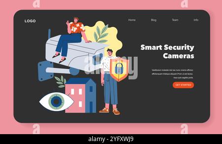 Smart Home Security concept. People interacting with modern surveillance tech for peace of mind. Safety through technology in daily life. Vector illustration. Stock Vector