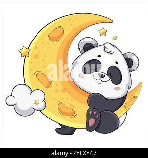 Cute panda hanging on the Moon. Funny cartoon character. Stock vector illustration on white background. Stock Vector