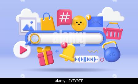 3D search bar. Searching bar with magnifying glass and social media icons. Emoji, hashtag, gift box, cart and bell. Information on internet. Isometric Stock Vector
