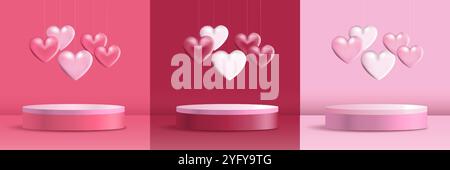 3d valentine day pedestals set. Pink podiums with heart shaped air balloons. Advertising and marketing, place for product promotion. Flyer and booklet Stock Vector