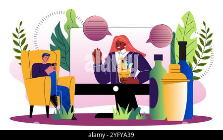 Bartender online concept. Man with smartphone looks at woman with cocktails on computer screen. Sommelier on Internet. Girl with alcoholic drinks Stock Vector