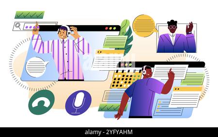 People with customer service online. Men in headsets with client. Technical support and answers to questions. Guide and knowledge. Flat vector Stock Vector