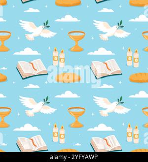 Christian seamless pattern. Repeating design element for printing on fabric. Candles, cup of water, dove and Bible. Faith and religion. Catholicism Stock Vector