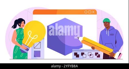 Team of 3d designers. Woman with light bulb and man with pencil draw huge cube. Freelancers and remote workers. Editors and graphic designers. Flat Stock Vector