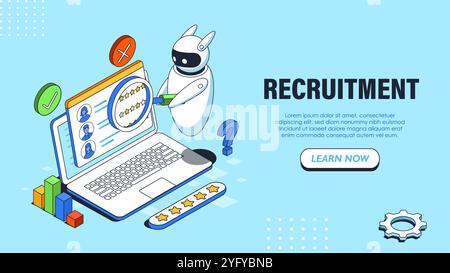 Isometric recruitment poster. Bot with magnifying glass near laptop. Virtual assistant with artificial intelligence evaluates job candidates. Landing Stock Vector