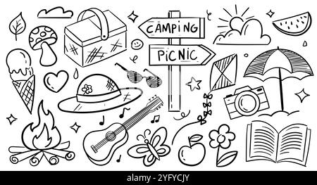 Picnic doodle sketches set. Hand drawn umbrella, hat, sunglasses, basket with food. Romantic meeting outdoors. Minimalist creativity and art. Linear Stock Vector