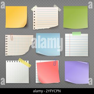 Realistic notes set. Notebook pages and sheets. Place for text. Memo and to do lists. Stationery for planning and goal setting. 3D vector collection Stock Vector