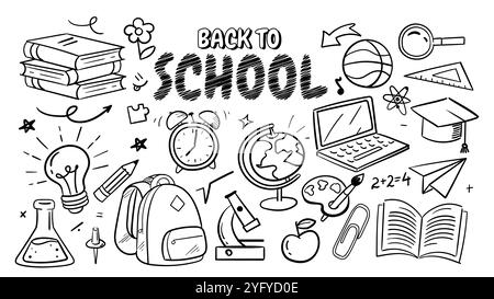 Back to school doodles set. Globe, laptop, backpack, book and microscope. Education and learning, training. School supplies. Linear vector collection Stock Vector