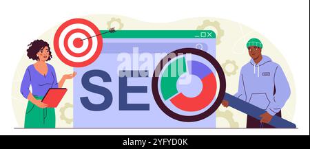 SEO specialists with webpage. Woman and man with magnifying glass analyze homepage. Statistics and infographics. Freelancers evaluate traffic and user Stock Vector