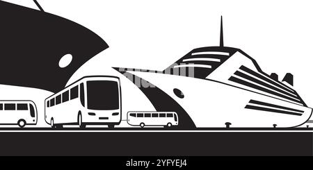 Cruise ships and busses on the port – vector illustration Stock Vector