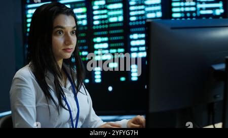 Computer scientist overseeing data center servers, typing code on ...