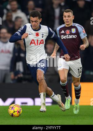 London, UK. 03rd Nov, 2024. London, England - November 3rd: Tottenham Hotspur's Brennan Johnson (left) holds off the challenge from Aston Villa's Lucas Digne (right) during the Premier League 2024/25 League match between Tottenham Hotspur FC and Aston Villa FC at Tottenham Hotspur Stadium on November 3rd, 2024 in London, England. (Photo by David Horton/SPP) (David Horton/SPP) Credit: SPP Sport Press Photo. /Alamy Live News Stock Photo