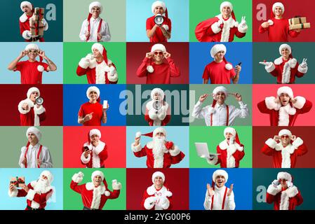 Collage of young man dressed as Santa on color background Stock Photo