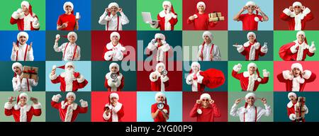 Collage of young man dressed as Santa on color background Stock Photo