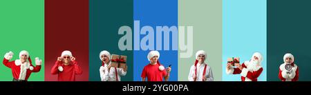 Collage of young man dressed as Santa on color background Stock Photo