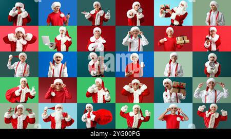 Collage of young man dressed as Santa on color background Stock Photo