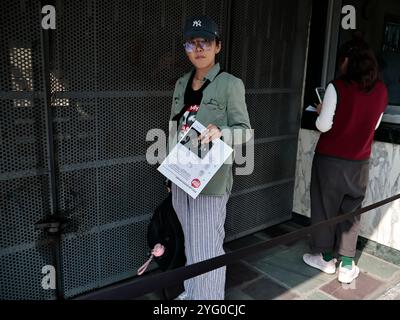 To cast their vote, North American citizens in Mexico went to the American Embassy, where the staff allowed access to one person at a time for security reasons; Each citizen requested their ballot via e-mail or requested it in this building; They later entered personal data, information about their State of origin and the name of the candidate of their choice, whether Democrat (Kamala Harris) or Republican (Donald Trump). This presidential election is very important in history because there is the possibility that it will be governed by a woman in the history of America on November 5, 2024 in Stock Photo