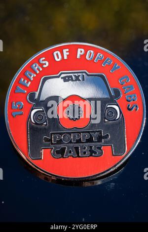 London, UK. 18th Oct, 2024. A badge celebrating 15 years of Poppy Cabs. Founded fifteen years ago by London taxi drivers, Poppy Cabs provides free journeys for military veterans attending the annual Remembrance Day Service at the Cenotaph in Westminster, London. Inspired by the Royal British LegionÃ-s Poppy Appeal, where red poppy badges are exchanged for charitable donations, these dedicated taxi drivers organize themselves under the Ã¬Poppy CabsÃ® initiative. Each year, drivers offer complimentary rides to veterans from major train stations across London, ensuring they arrive s Stock Photo