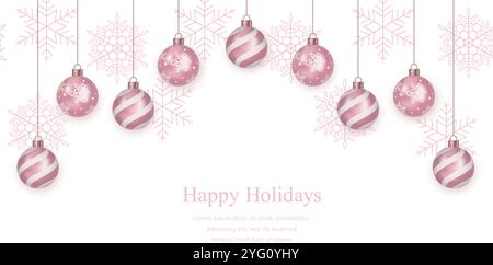 Seamless Vector Background With Pink Christmas Ball Ornaments Isolated On A White Background And Text Space. Horizontally Repeatable. Stock Vector