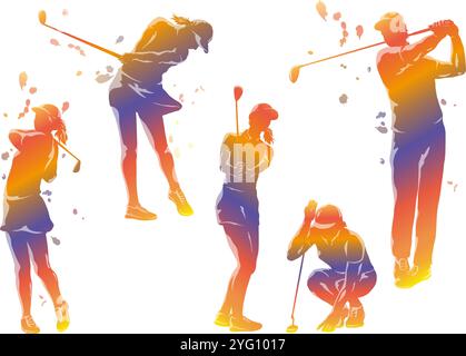Vector Golf Players Colorful Silhouette Illustration Set Isolated On A White Background. Stock Vector