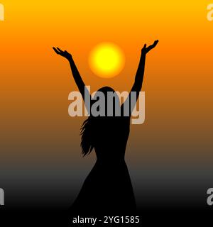 Woman enjoy life standing outside with her hands raised towards sunrise sky Stock Vector