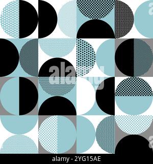 Geometric seamless pattern with abstract circle, square and dots. Blue, black and white color Bauhaus background Stock Vector