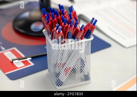 NEW YORK, NEW YORK - NOVEMBER 05: Pens for voters to fill up ballot are placed on a table on National Election Day for the U.S. Presidential election at P.S./I.S. 78Q on November 05, 2024 in the Long Island City neighborhood of Queens borough in New York City. Voters will decide between Republican Presidential Candidate Former President Donald Trump and Democrats Presidential Candidate Vice President Kamala Harris as to who will be the next President of the United States of America. (Photo by Ron Adar/SOPA Images/Sipa USA) Stock Photo