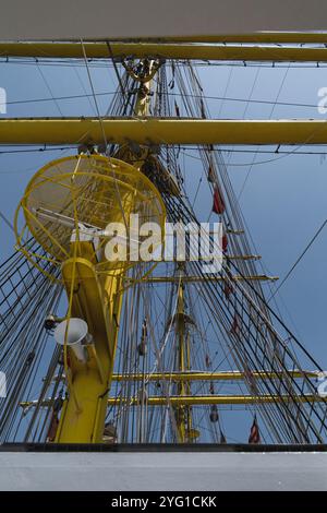 Detail of the mast of the Bima Suci ship which has advanced radar. Semayang Harbor, October 24, 2024, Balikpapan, East Kalimantan, Indonesia Stock Photo