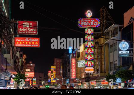 Night view of Yaowarat Road at Chinatown in Bangkok, Thailand Stock Photo