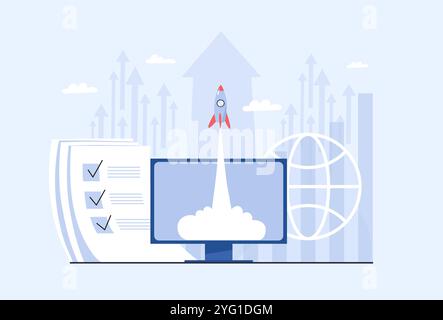 Rocket takes off from computer screen. Startup concept, success and business growth, successful solutions and financial profit, digital online work. F Stock Vector