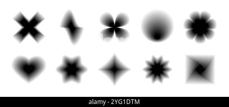 Black smooth blurred gradient form set. Grunge blurry aura shape collection. Fading abstract elements for poster, template, badge, sticker, collage. Vector flowers, stars and hearts pack  Stock Vector