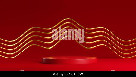 Round podium on red background with abstract golden lines on wall. Vector realistic illustration of platform for luxury product presentation, vip award ceremony showroom, shiny yellow waves decoration Stock Vector
