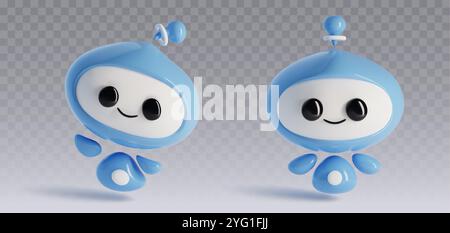Cute robot character with smile face. 3d realistic vector set of cartoon funny ai chatbot mascot in different poses. Artificial intelligence electronic agent. Friendly digital support assistant. Stock Vector
