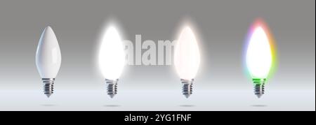Turned off and on led light bulb collection with warm and cold temperature and rgb color of illumination. Realistic 3d vector illustration set of modern cfl economical electric energy power equipment. Stock Vector