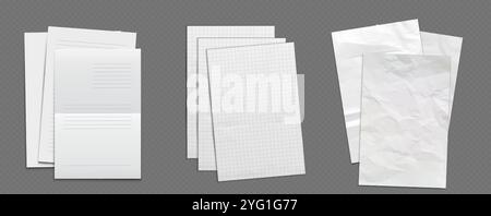 Different paper sheets set on grey background. Lined notebook pages, squared grid templates and crumpled blank documents with realistic shadow effects for writing, sketching and creative design mockup Stock Vector