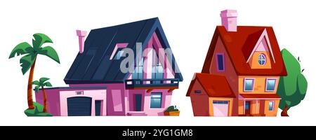 Suburban houses set isolated on white background. Vector cartoon illustration of modern cottage with garage, windows and door, chimney on roof, green garden trees, town or village street elements Stock Vector