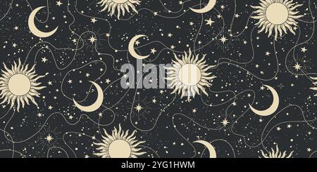 Seamless sky background with stars, sun and moon. Black and gold seamless astrological pattern for tarot, boho ornament for zodiac. Vector illustratio Stock Vector