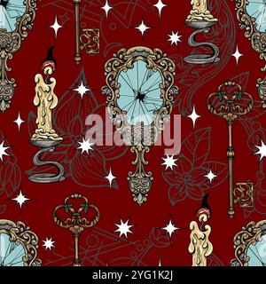 Seamless vector pattern with colorful engraved mystic and gothic objects - broken mirror, key, candle.  Halloween background with esoteric and occult Stock Vector
